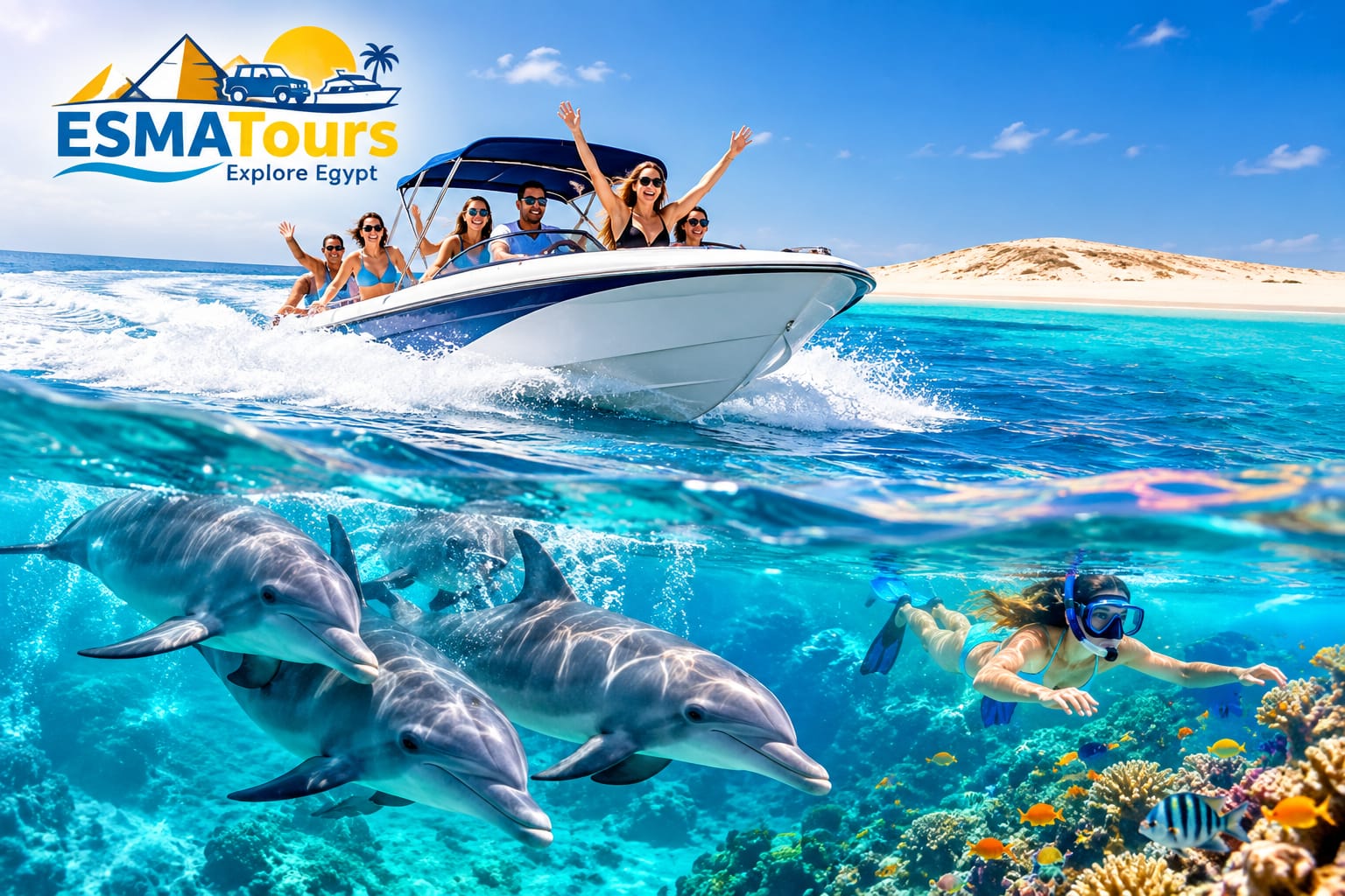 Speed boat and dolphins