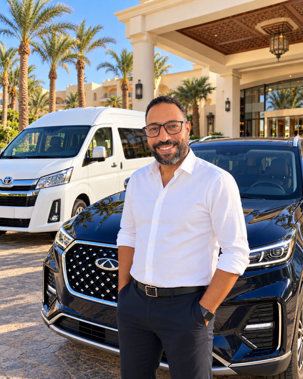 Esmat, founder of Esmat Tours, next to his cars in Hurghada
